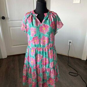 Jade Melody Tam Tiered Chiffon Dress in a green and pink Floral Pattern size XS